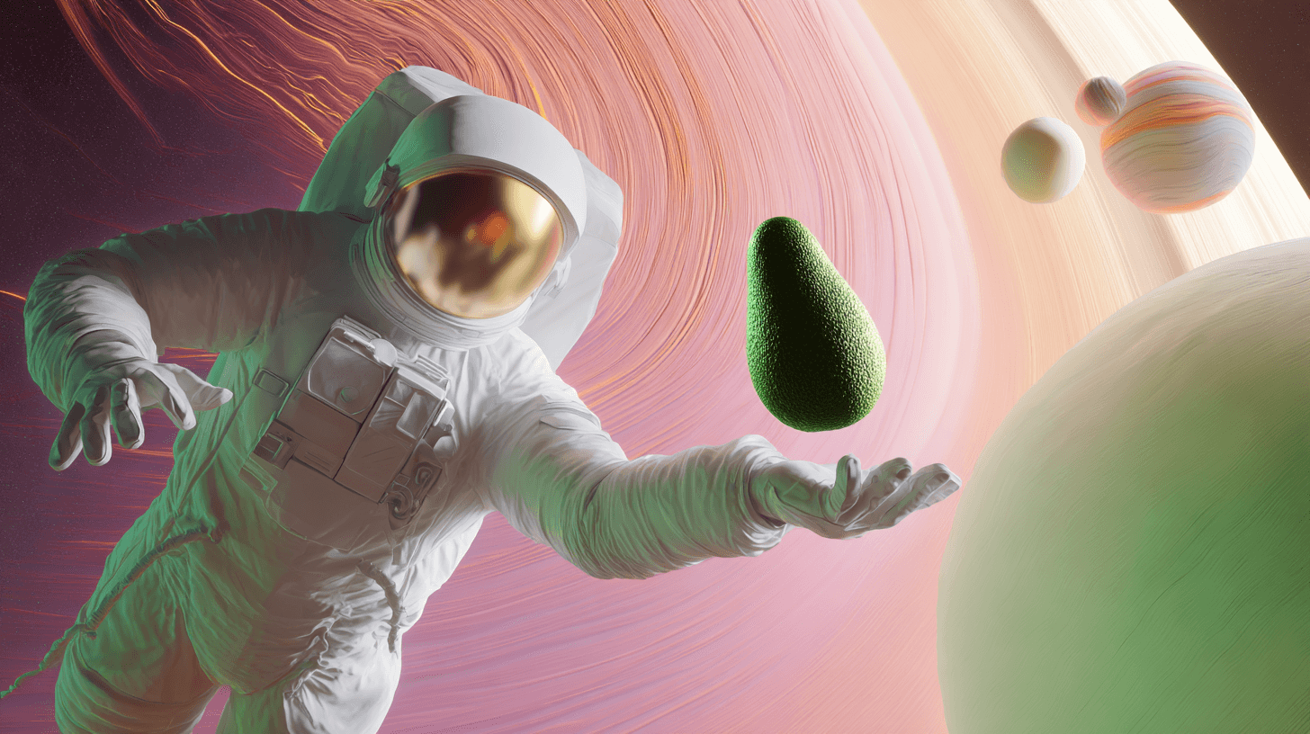 Astronauta alcanzando un aguacate flotante en una escena cósmica rosa y verde